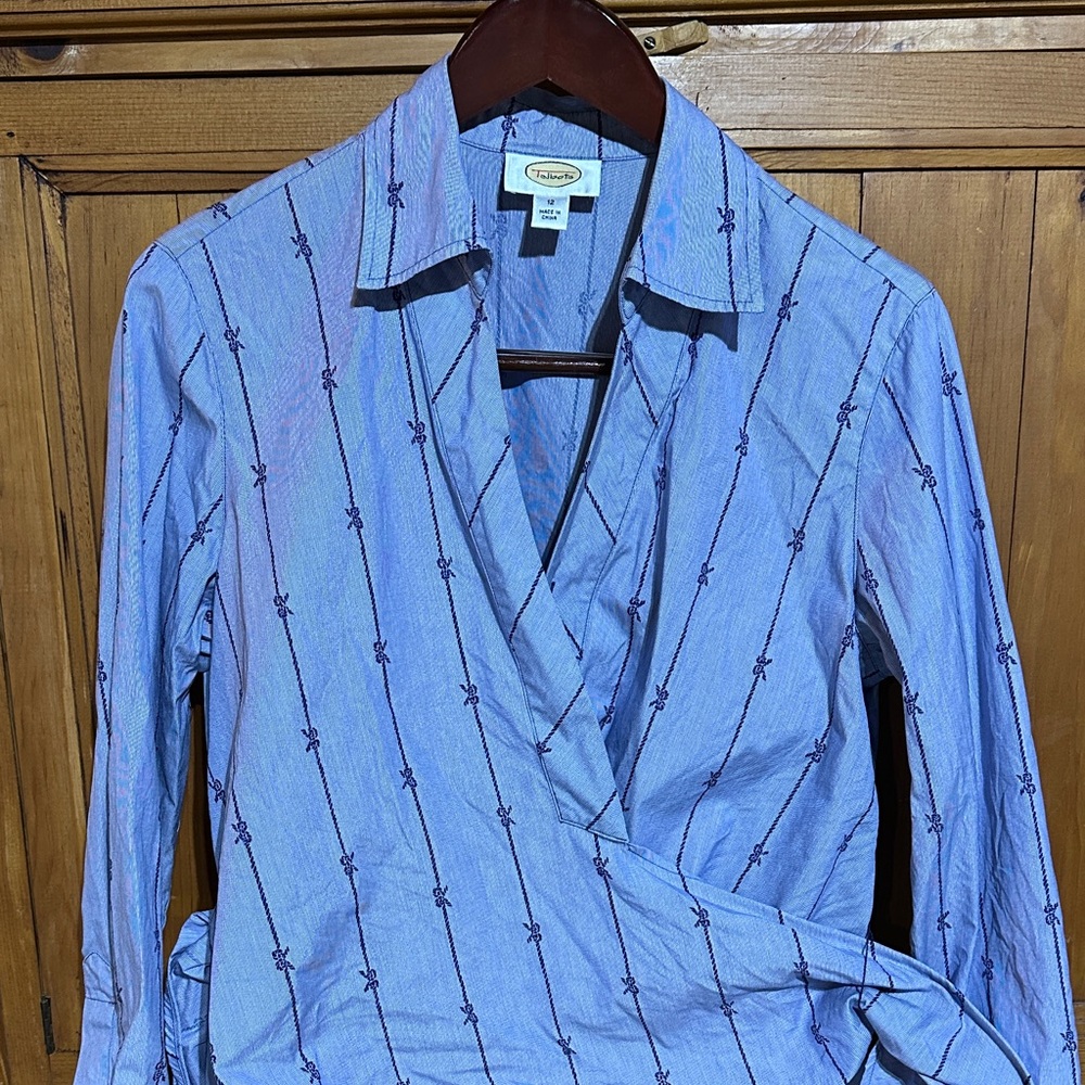 Talbots Blue long sleeve Wrap Blouse with bow tie Accents